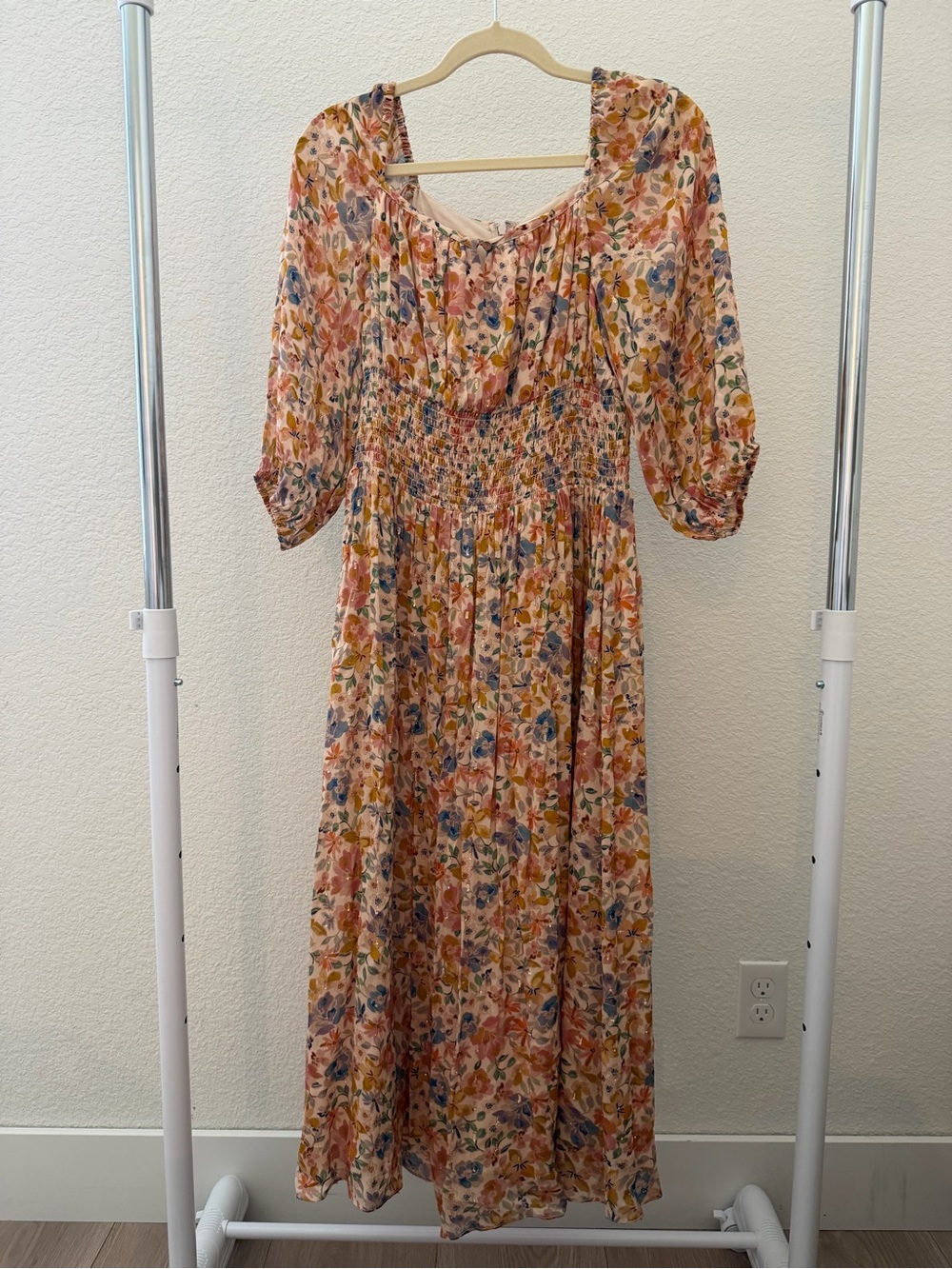 Shoshanna Peach Floral Maxi Dress with Blue & Mustard Accents